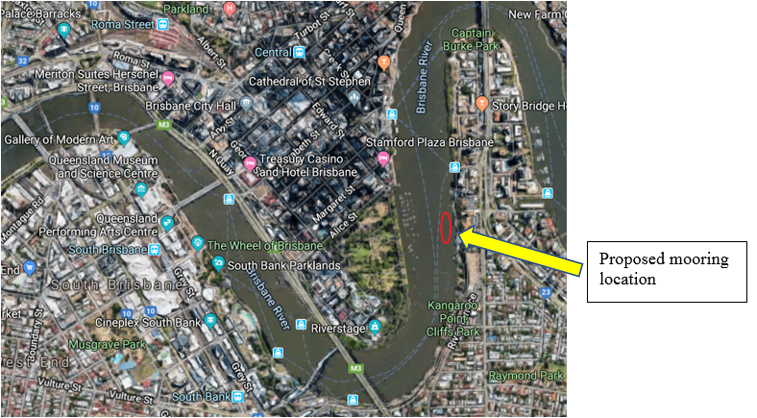 Map showing proposed mooring location, in Town Reach of the Brisbane River below the Kangaroo Point cliffs