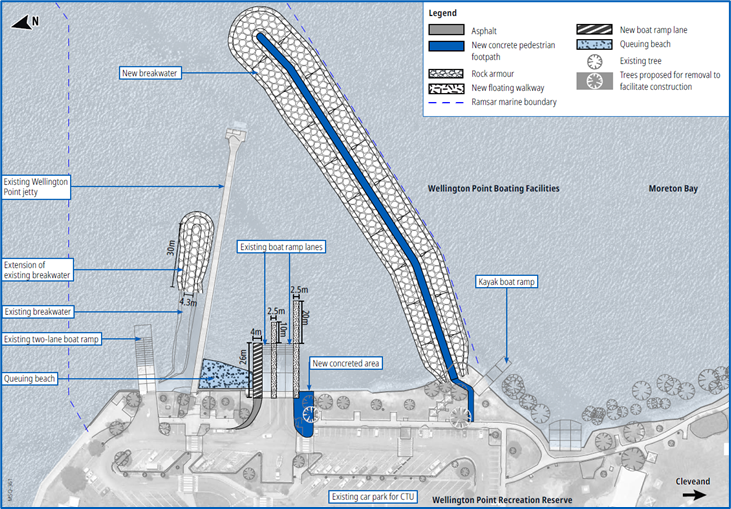 Proposed concept design for Option 3 (New breakwater only) at Wellington Point boat ramp. The design includes four boat ramp lanes, two floating walkways, and a new breakwater with an extension to the existing northern breakwater to improve safety and reduce tidal impacts. This option focuses on upgrading on-water infrastructure only, with no changes to the existing parking layout on land/
