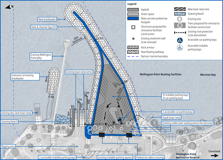 Proposed concept design for Option 2 (Water reclamation parking extension) at Wellington Point boat ramp. The design includes four boat ramp lanes, two floating walkways, and a new breakwater with an extension to the existing northern breakwater to improve safety and reduce tidal impacts. Additional parking is created through reclamation over the water, forming new trailer and car parking areas with accessible bays and improved circulation