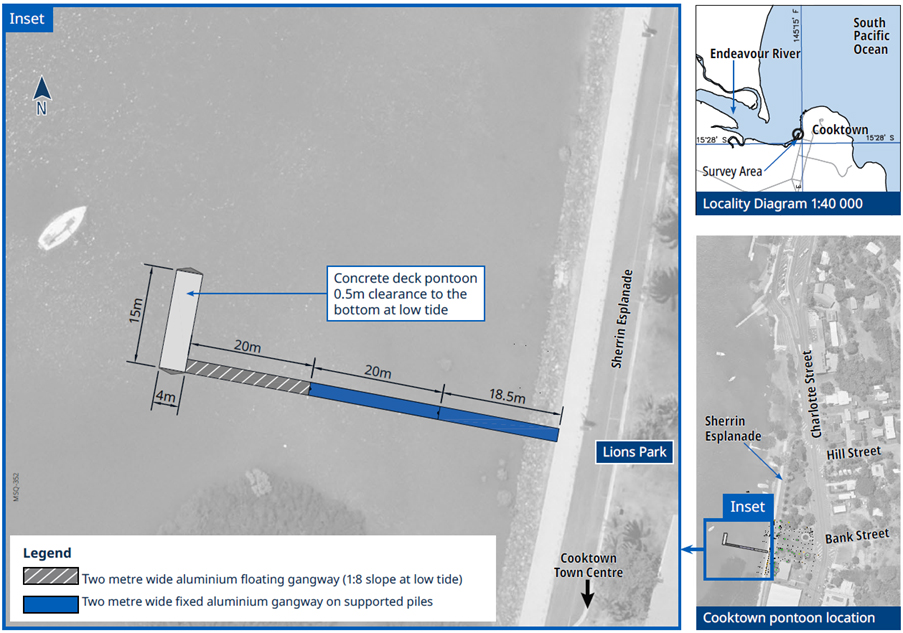 Image of the proposed Cooktown Pontoon (Charlotte Street) with locality diagram and location map
