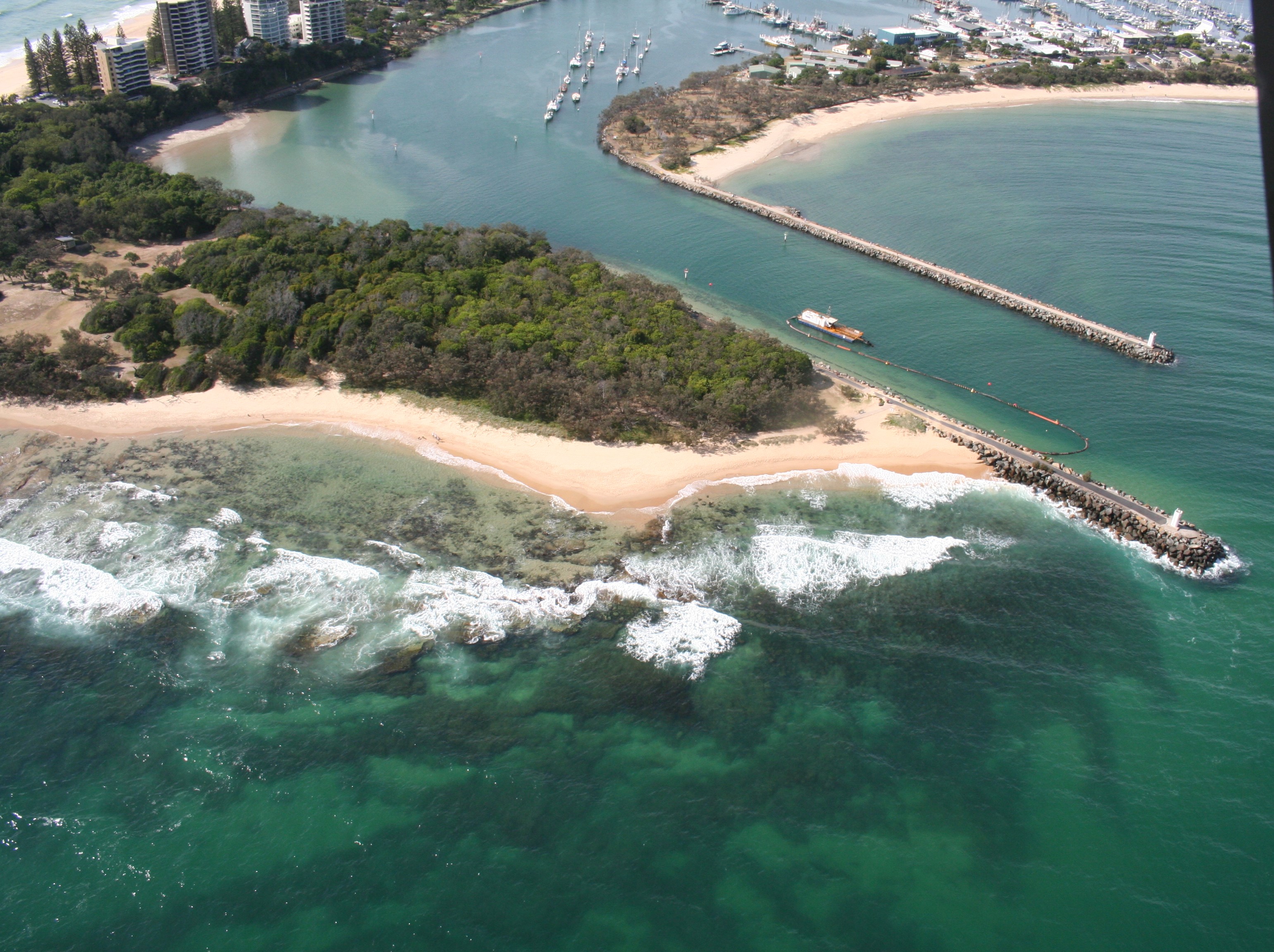 Aerial image of the dredge in the Mooloolaba channel