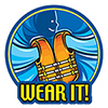 A graphic of a cartoon person wearing a lifejacket with the wording wear it