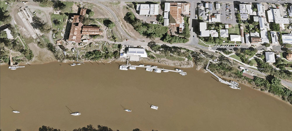 Aerial view of the Port of Maryborough along the Mary River.