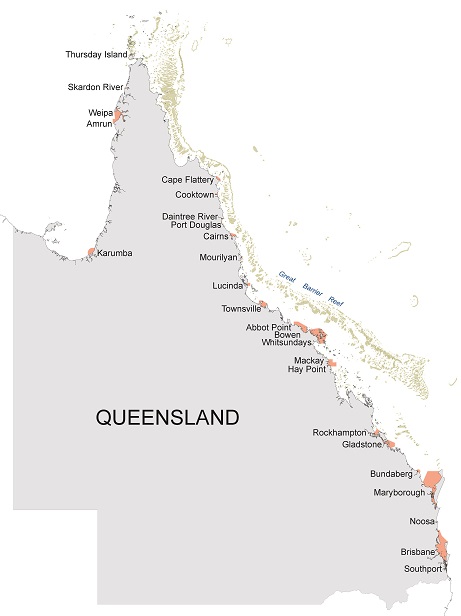 Map of Queensland indicating pilotage areas